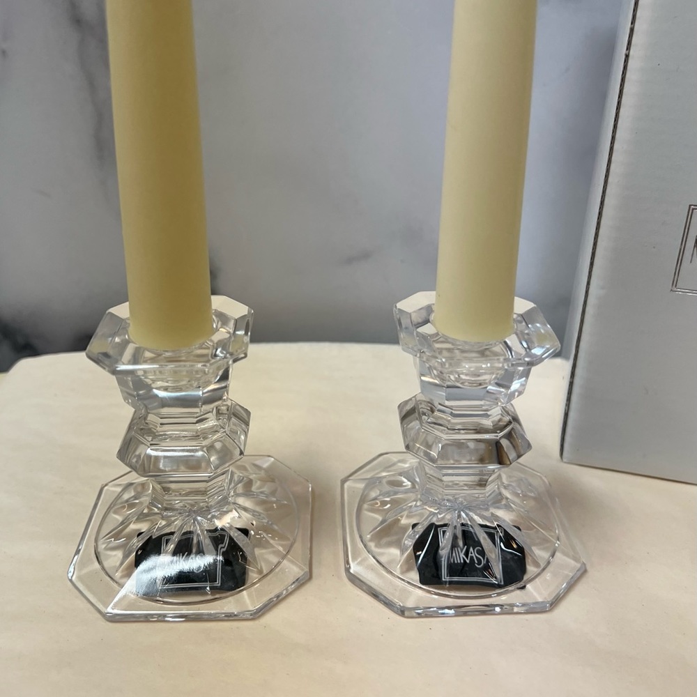Mikasa Crystal Taper Candle Holders 3” Wide &Tall Square Shape Edinburgh Pattern - Picture 4 of 7